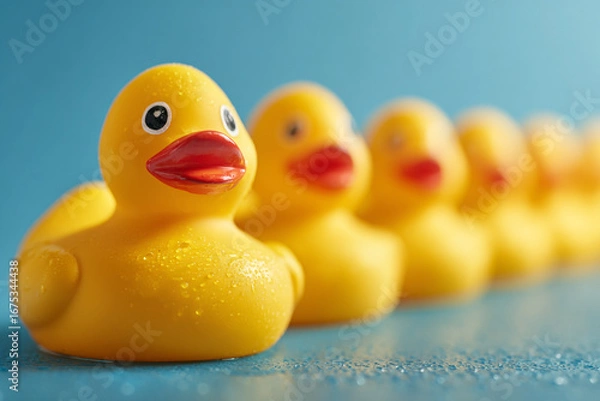 Fototapeta Cute lineup of rubber ducks arranged neatly against a blue backdrop, ideal for playful and fun designs.
