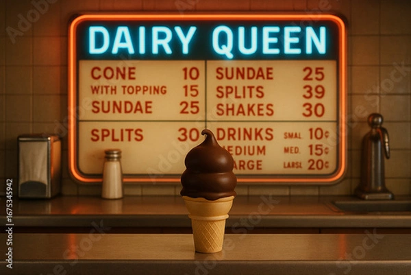 Fototapeta A vintage Dairy Queen counter with a perfectly swirled vanilla cone, dipped in chocolate shell, set against a neon-lit menu board