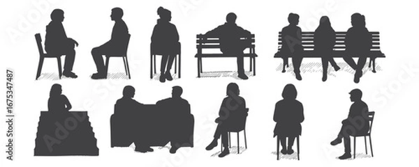 Fototapeta Silhouette collection of people sitting in various casual poses, minimal black vector illustration set for architectural drawings, presentations, and design elements