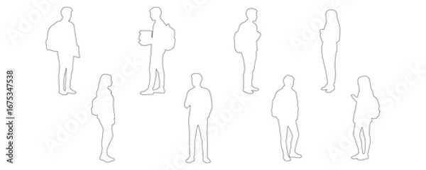 Fototapeta Outline drawing collection of students standing in casual everyday poses, holding books, backpacks, or laptops, talking with friends, waiting, and reading, clean black line vector illustration set for