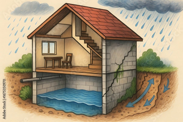 Fototapeta Cross section diagram of house foundation showing water leaks cracks and basement flood risk from rainfall