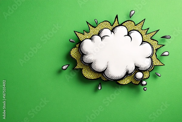 Fototapeta Realistic speech bubble on green backdrop, ideal for creative projects, posters, or marketing visuals.