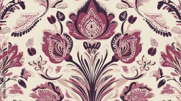 Fototapeta Elegant floral damask pattern in burgundy and ivory for textile design