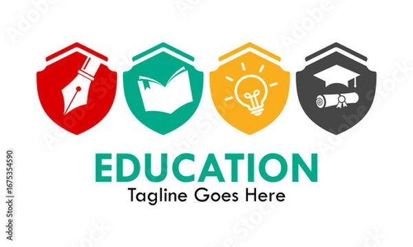 Fototapeta Minimalist and modern education logo with symbols of learning inside shields. Perfect for educational institutions, online courses, or tutoring businesses.