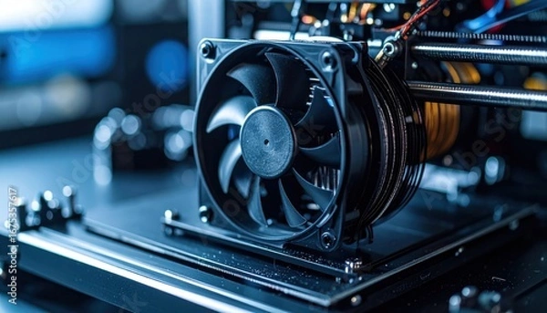 Fototapeta 3D Printer Cooling Fan CloseUp with Technology, Electronics, and Blue.