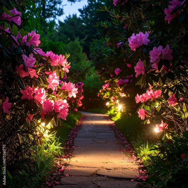 Obraz Illuminated garden path with pink flowers