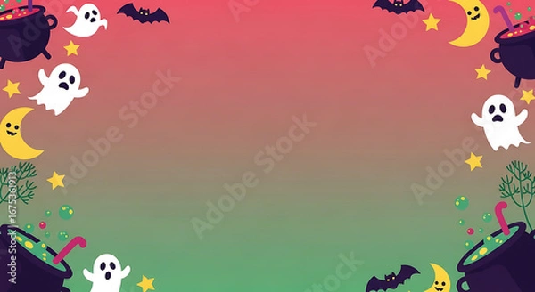 Obraz Whimsical Halloween frame design with spooky cartoon characters elements