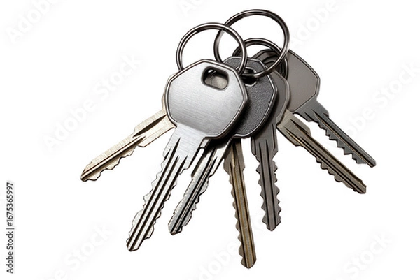 Fototapeta Collection of assorted house keys on a simple keychain, showcasing various shapes and designs in a low-resolution format
