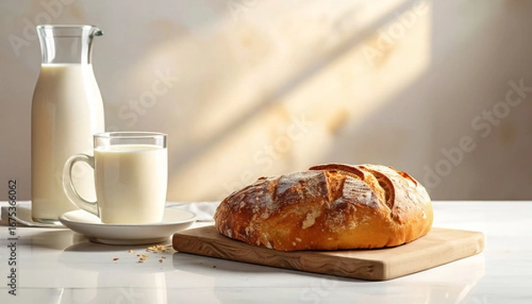 Fototapeta Wholesome breakfast scene with freshly baked rustic bread and a refreshing glass of milk, illuminated by soft morning light