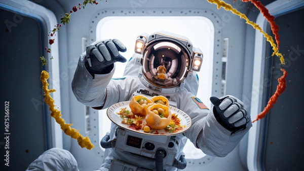 Fototapeta A joyful astronaut enjoying a plate of Indian street food, golgappa, while floating in zero gravity.