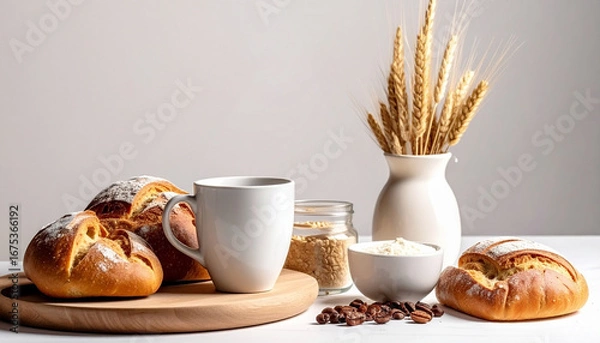 Fototapeta Breakfast still life with bread, coffee, and grains on a white surface