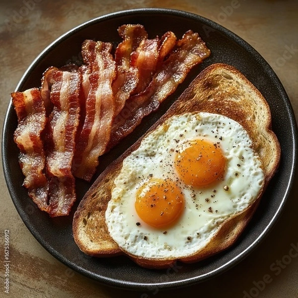 Fototapeta Plate with crispy bacon strips and two sunny side up eggs seasoned with black pepper served on a slice of toasted bread