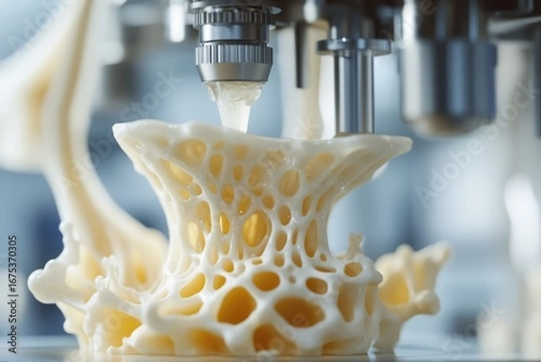 Fototapeta 3D bioprinting technology creates a porous, bone-like structure using a viscous, light-colored material.