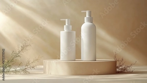 Fototapeta two white pump bottles on a round beige pedestal with soft natural light and delicate green foliage against a warm neutral background