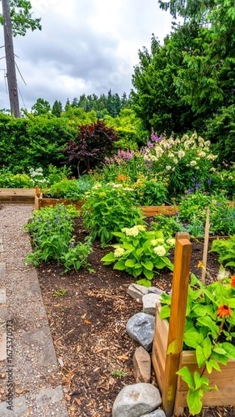 Obraz A vibrant garden path lined with raised beds