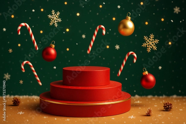 Fototapeta Festive Red and Gold Christmas Podium with Ornaments and Snowfall