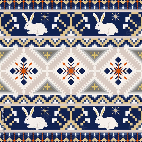 Fototapeta geometric pixel pattern fabric rabbit For textiles or wallpaper and background Christmas theme