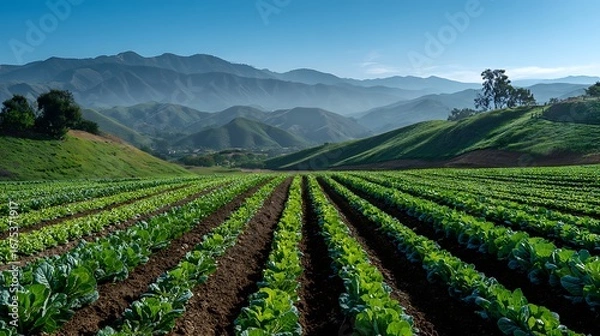 Fototapeta Panoramic lush green farm field with rolling hills mountains and distant tractor under blue sky