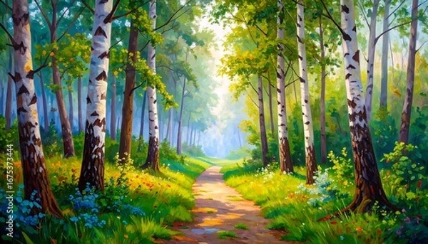 Obraz A sunlit path through a vibrant birch forest