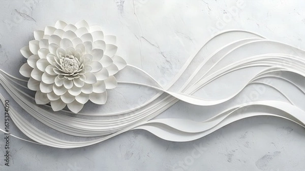 Obraz Elegant white dahlia flower with flowing white ribbons