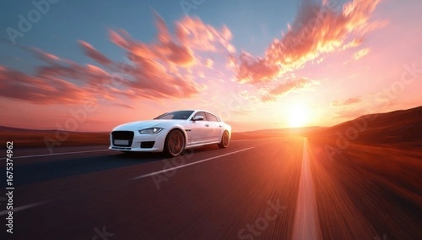 Fototapeta White car driving on open road at sunset with vibrant sky and motion blur, capturing travel adventure and freedom concept.