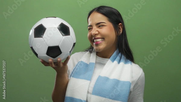 Obraz Woman holding soccer ball smiling wearing striped scarf over green background suggesting enthusiasm for sports and team spirit with a touch of youthful charm and energy.