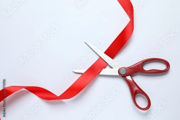 Obraz Stylish scissors and red ribbon on white background, flat lay with space for text. Ceremonial tape cutting