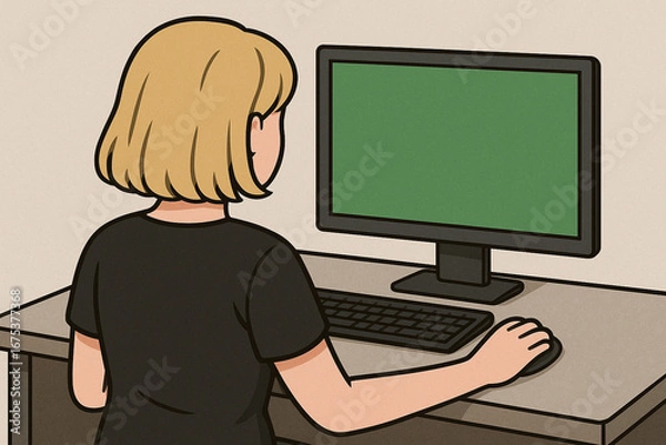 Fototapeta Cartoon illustration of a woman working on a computer at desk, representing technology, office, and productivity. Ideal for use in presentations, websites, or as a minimalistic design backdrop.