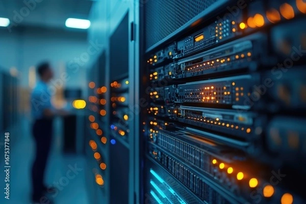 Obraz A technician oversees a server rack in a data center, illuminated by glowing lights, showcasing modern technology.