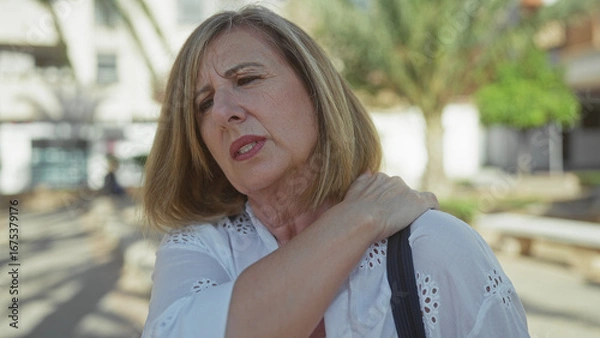 Obraz Woman rubs her right shoulder while standing on a sunlit bustling city street lined with palm trees; discomfort.