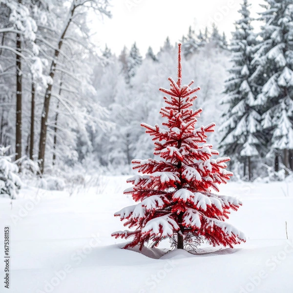 Obraz Red fir tree winter forest scene