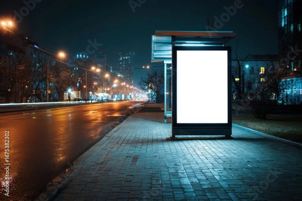 Fototapeta Blank billboard mockup on a city street showcasing a vibrant urban night setting with illuminated buildings and streetlights at gigapixel standard