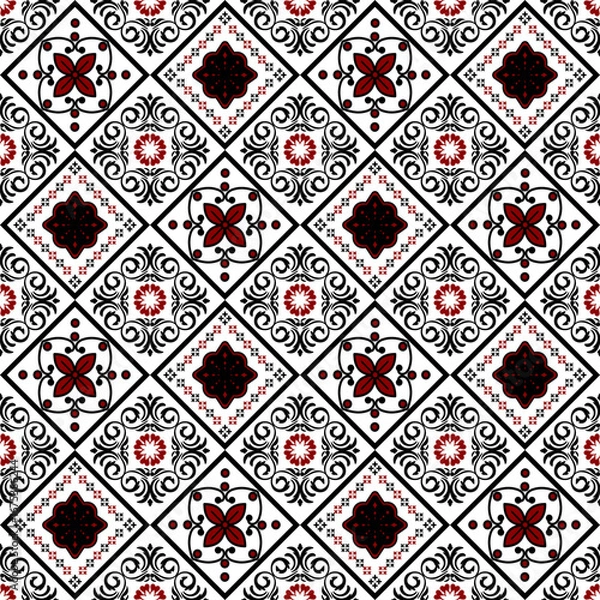 Fototapeta Elegant vintage black and red floral seamless pattern with intricate damask ornament for textile or wallpaper design