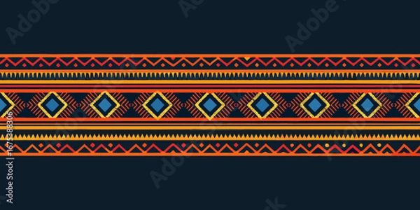 Fototapeta Vibrant geometric tribal pattern with diamonds and zigzags on dark blue background