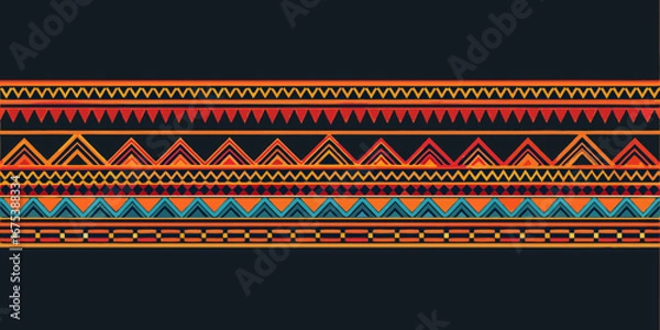 Fototapeta Vibrant geometric tribal pattern with zigzags triangles and diamonds on dark background