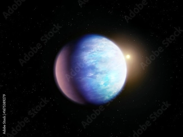 Fototapeta Exoplanet with atmosphere in space. Beautiful extrasolar planet of the Earth type. Alien world covered with clouds.