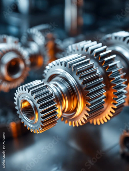 Fototapeta Precision-engineered metal gears with intricate teeth and warm lighting highlighting their texture