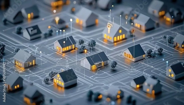 Obraz Digital community, smart homes and digital community. DX, Iot ,  digital network in society concept. suburban houses in digital environment. 