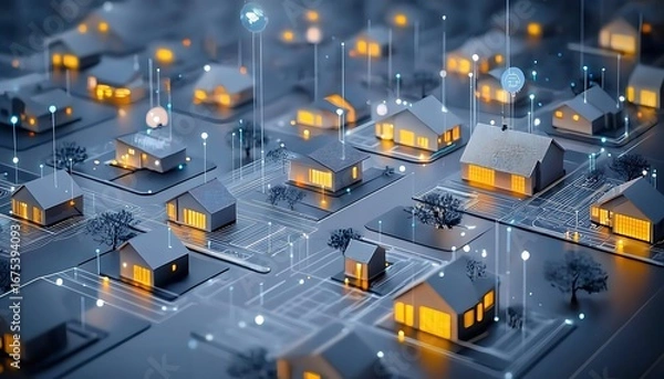 Obraz Digital community, smart homes and digital community. DX, Iot ,  digital network in society concept. suburban houses in digital environment. 
