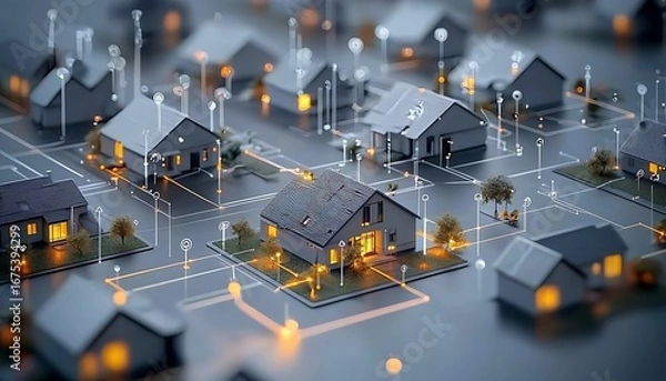 Obraz Digital community, smart homes and digital community. DX, Iot ,  digital network in society concept. suburban houses in digital environment. 