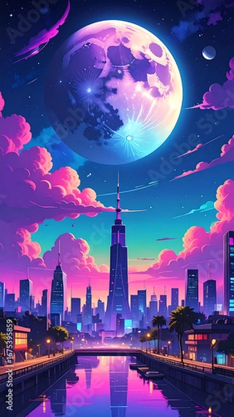 Obraz Vibrant cityscape at night moon