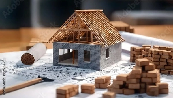 Obraz The model house on architectural blueprints surrounded by bricks trowel and wooden blocks