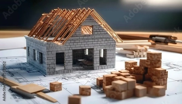 Obraz The model house on architectural blueprints surrounded by bricks trowel and wooden blocks
