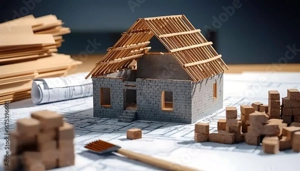 Obraz The model house on architectural blueprints surrounded by bricks trowel and wooden blocks