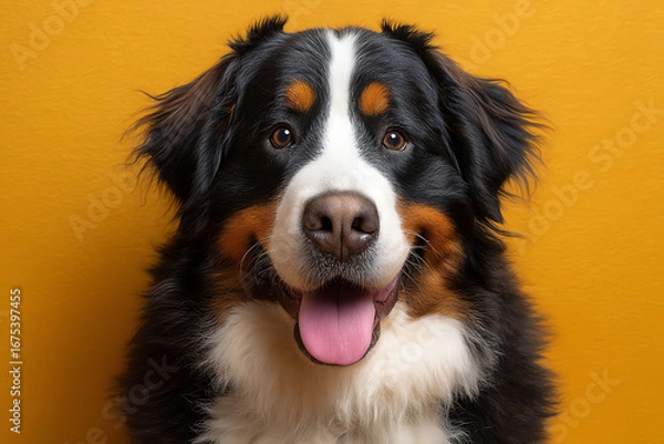Obraz A happy Bernese Mountain Dog with a black, white, and brown coat sticks out its tongue.