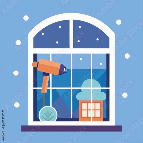 Fototapeta A window with a window cleaner on it. The window cleaner is spraying the window with a blue spray