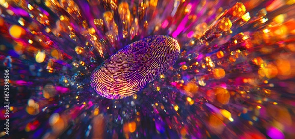 Fototapeta Stunning vibrant fingerprint art, glowing with abstract digital colors, perfect for identity security concepts