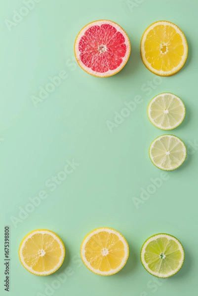 Fototapeta Grapefruit lemon lime citrus slice on mint green background, fresh vibrant mood