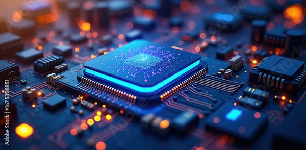 Fototapeta Futuristic nanobot swarm exploring microchip circuit glowing blue neon advanced tech vision