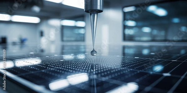 Fototapeta High tech nanocoating solar panel, precision droplet application, clean lab, futuristic feel